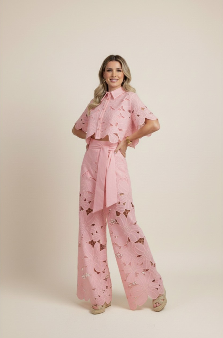 Floral Lace Cut Out Crop Top and Wide Leg Trousers Two-Piece Set — model wearing