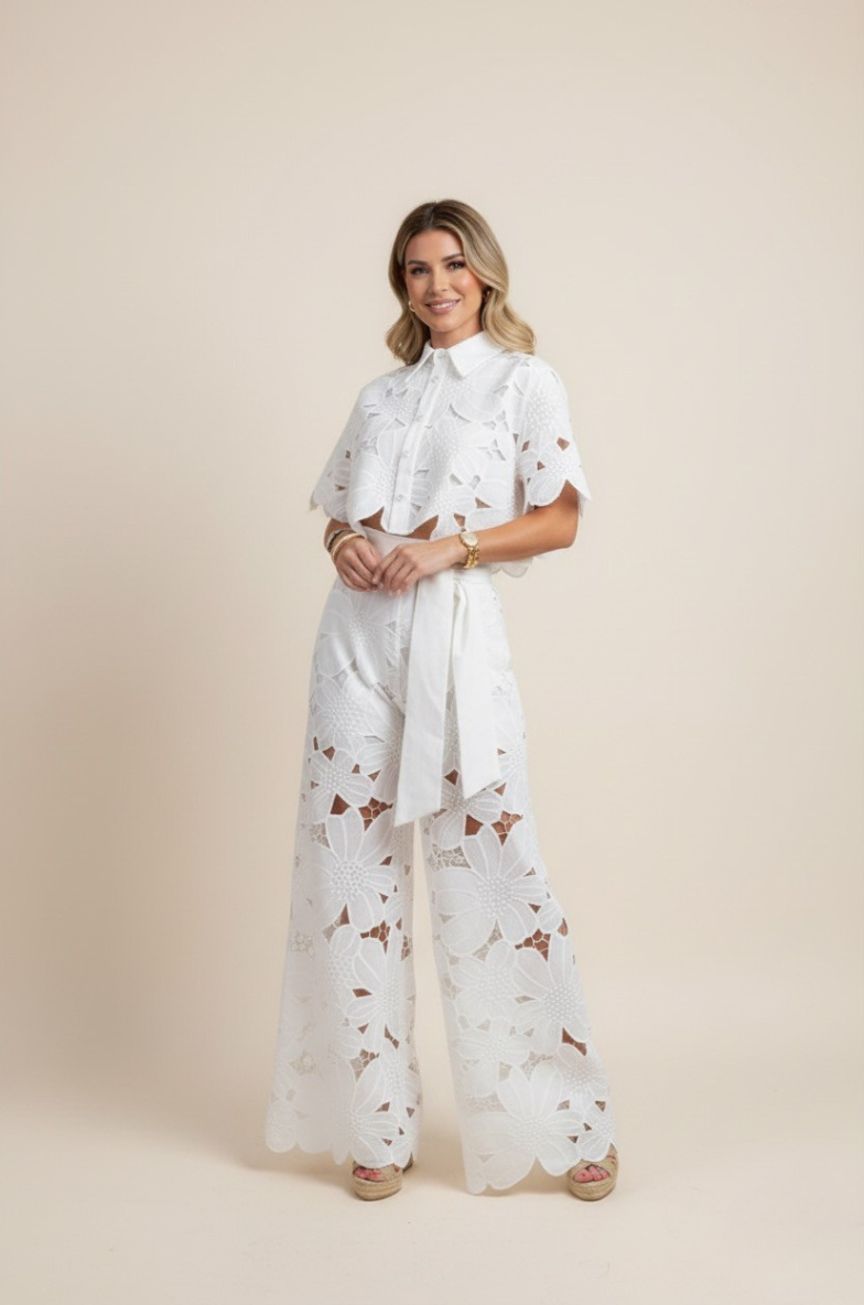 Floral Lace Cut Out Crop Top and Wide Leg Trousers Two-Piece Set — side view