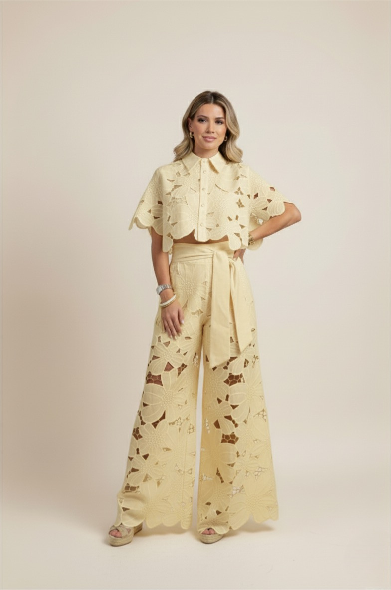 Floral Lace Cut Out Crop Top and Wide Leg Trousers Two-Piece Set — styling detail