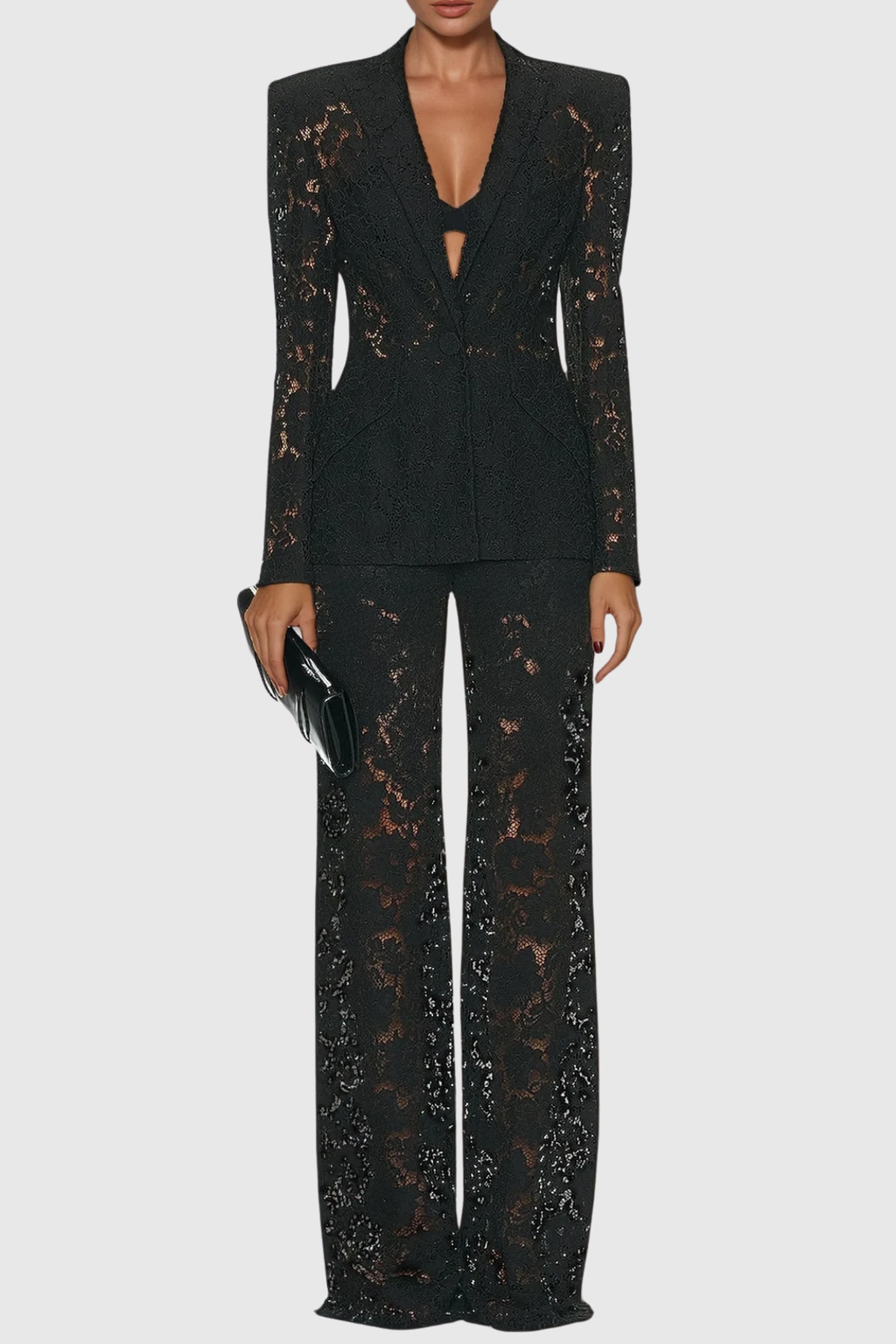 Floral Lace Tailored Blazer and Wide Leg Trousers Two-Piece Set — back view