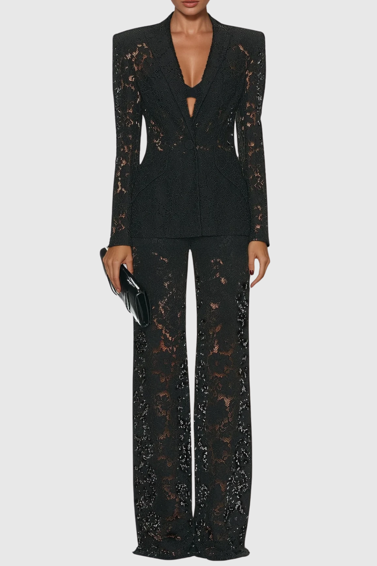 Floral Lace Tailored Blazer and Wide Leg Trousers Two-Piece Set — back view