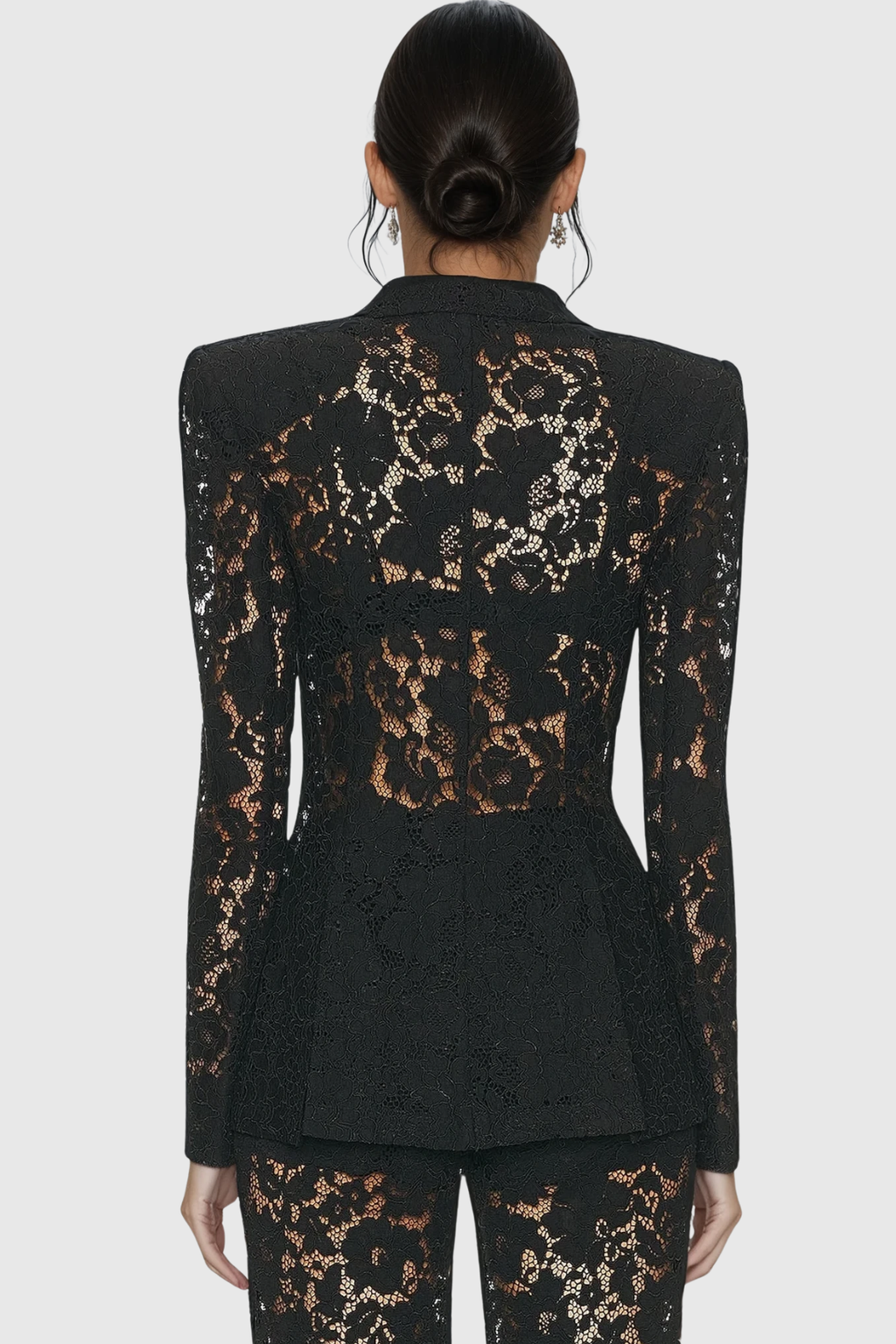 Floral Lace Tailored Blazer and Wide Leg Trousers Two-Piece Set — model wearing