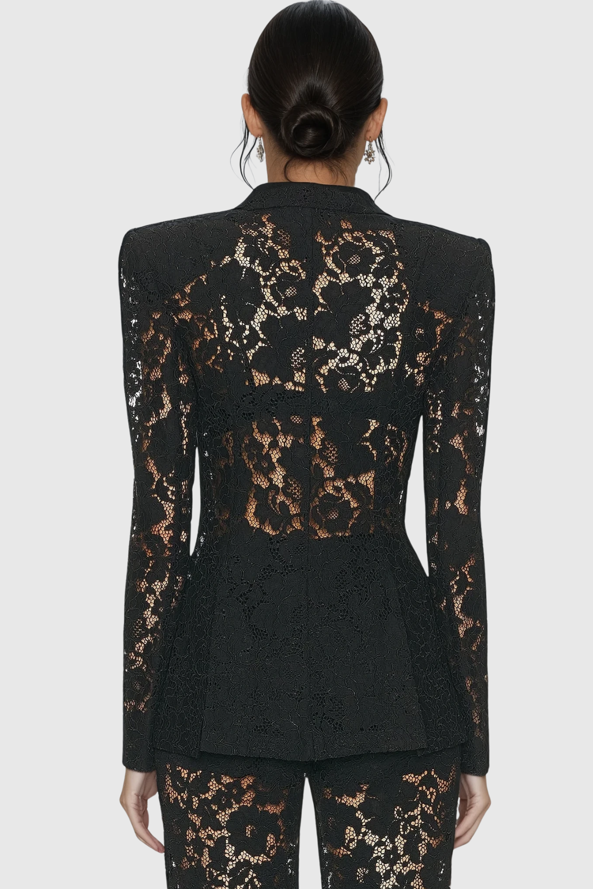 Floral Lace Tailored Blazer and Wide Leg Trousers Two-Piece Set — model wearing
