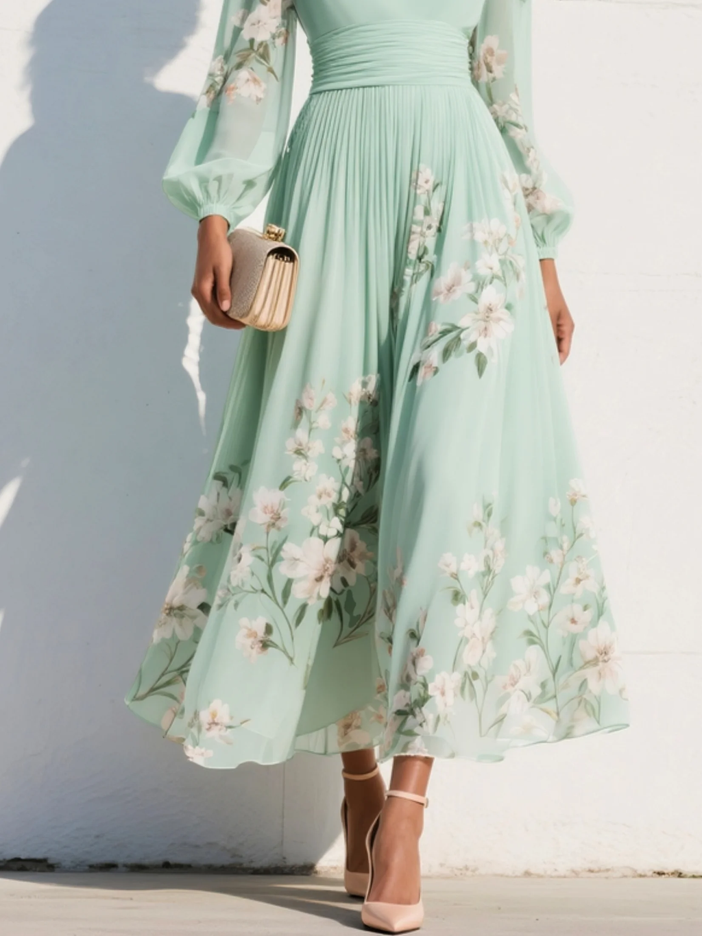 Floral Long Sleeve V-Neck Pleated Midi Dress — model wearing