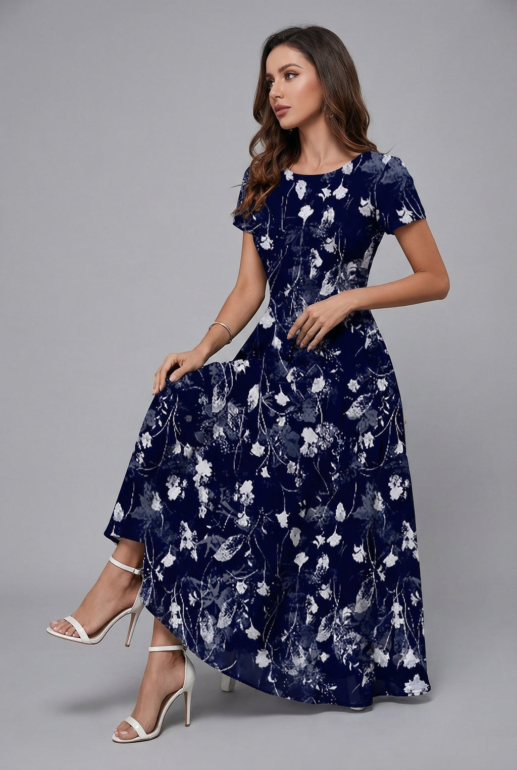 Floral Print Crew Neck Short Sleeve Chiffon Midi Dress for Women — side view