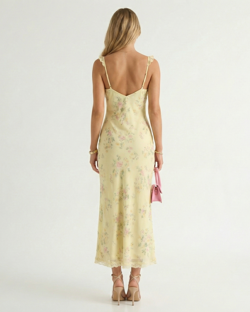 Floral V-Neck Backless Spaghetti Strap Midi Sundress for Women — back view