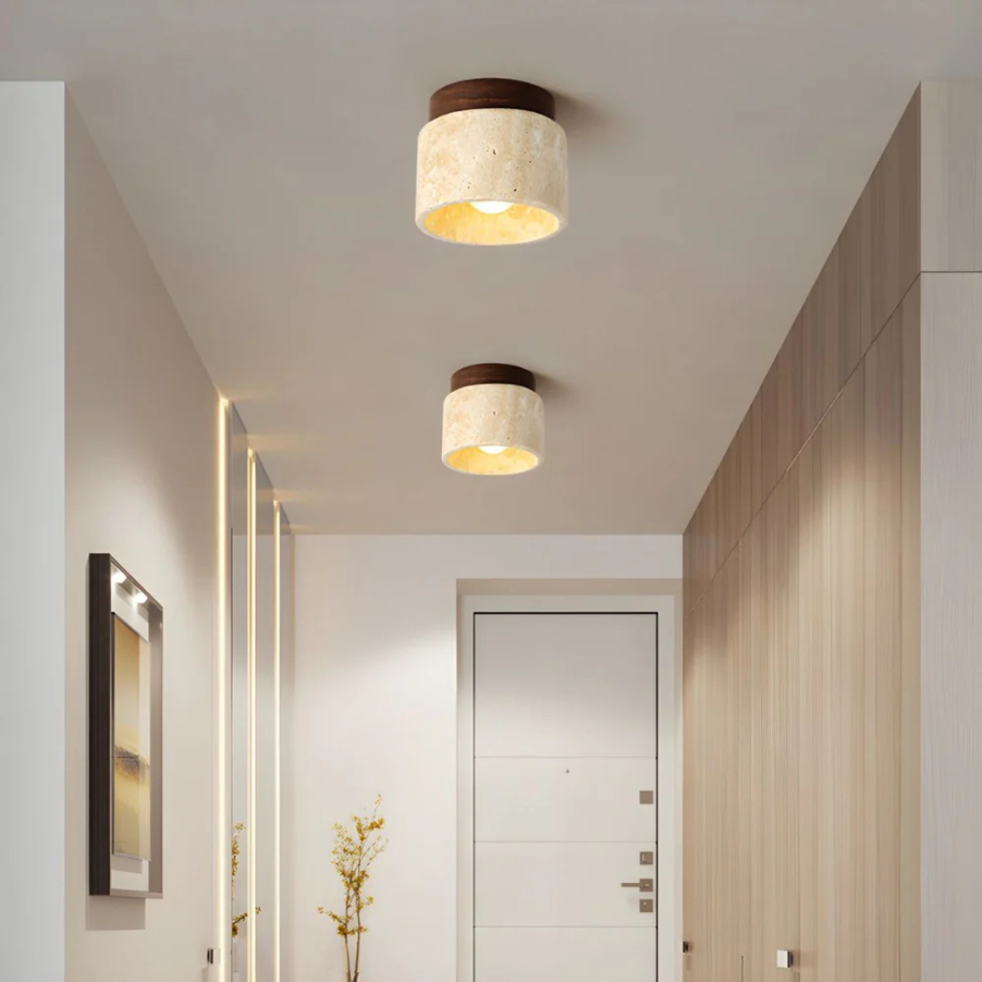 Flush Mount Ceiling Light Fixture with Travertine Stone Shade and Wooden Base LED - Image 1