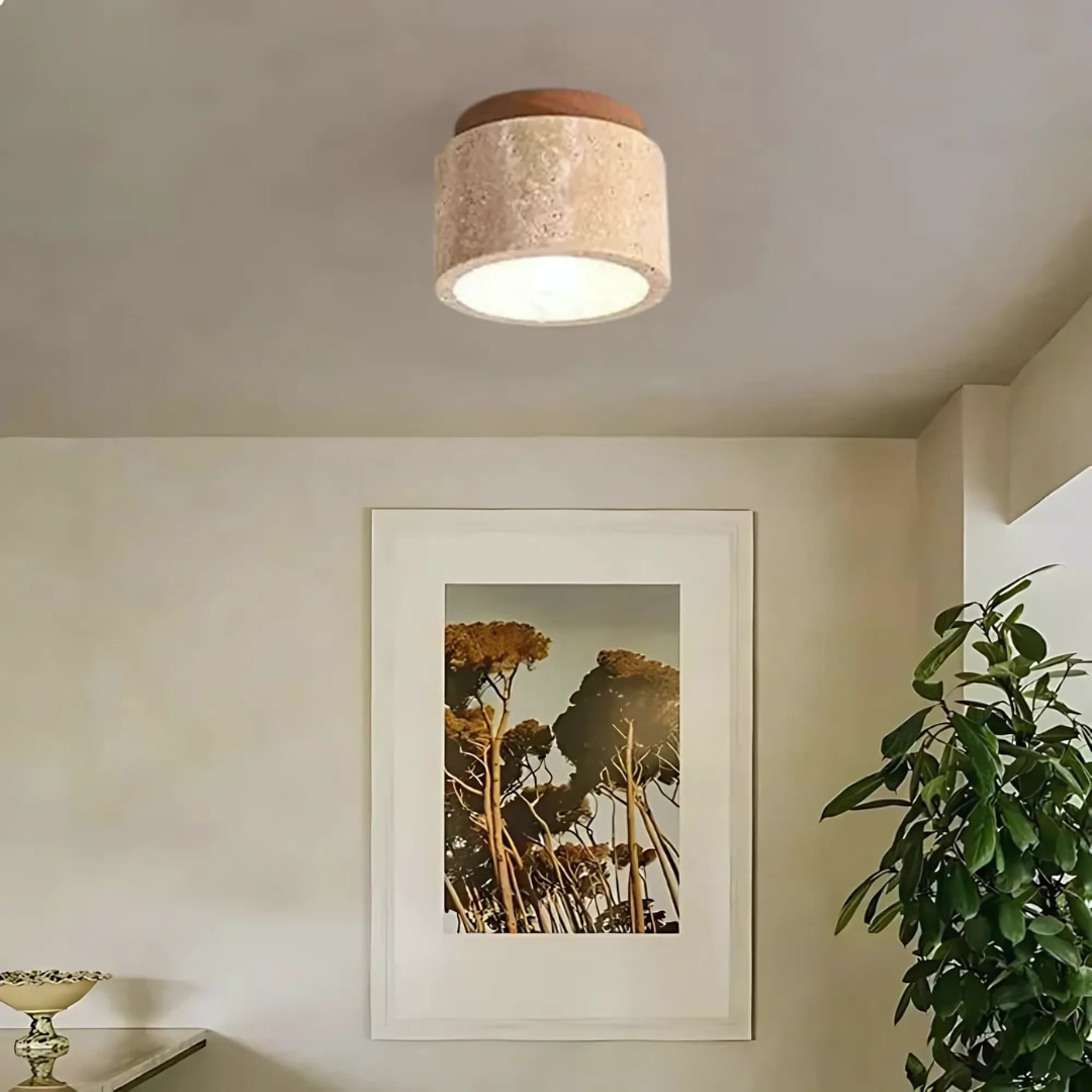 Flush Mount Ceiling Light Fixture with Travertine Stone Shade and Wooden Base LED - Image 2