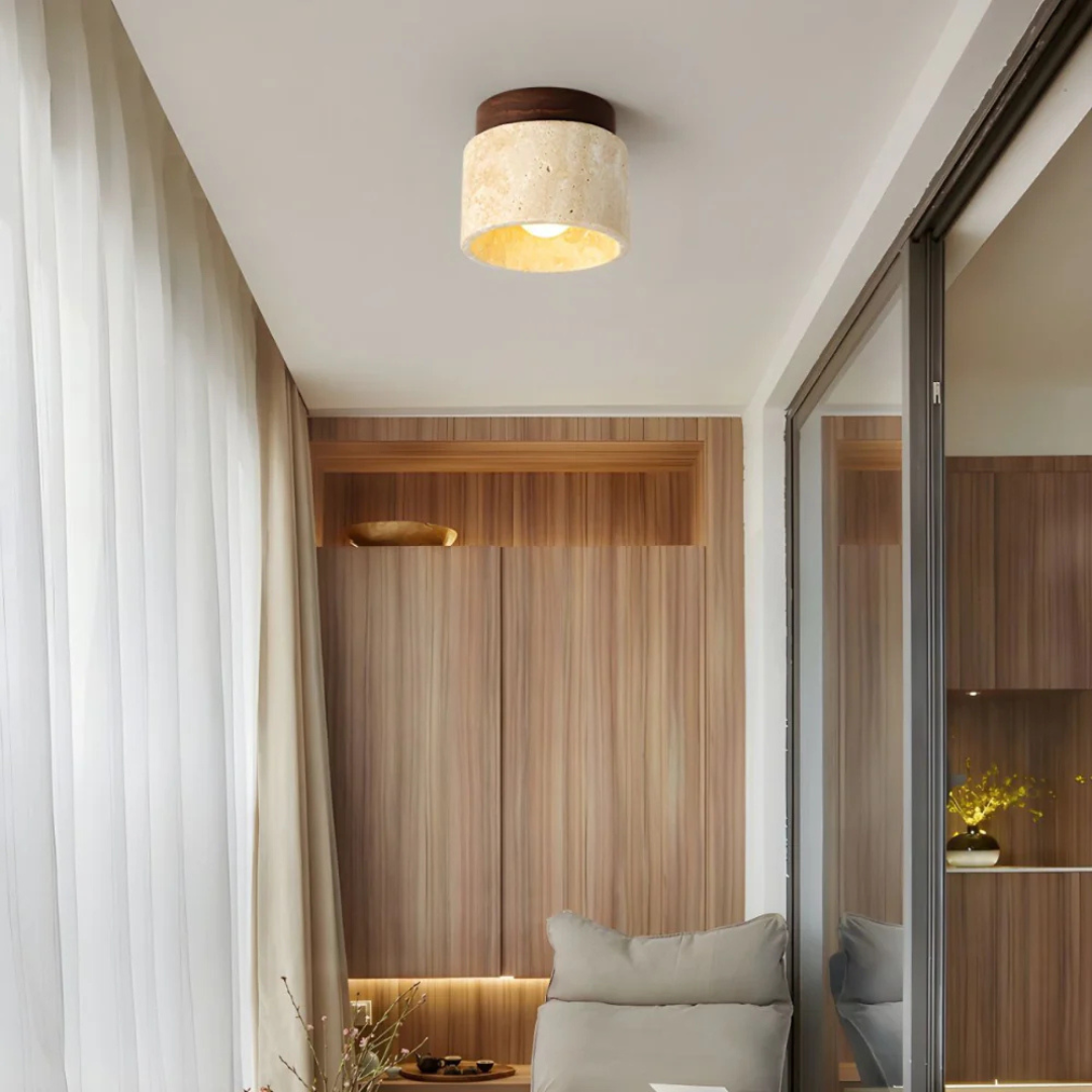 Flush Mount Ceiling Light Fixture with Travertine Stone Shade and Wooden Base LED - Image 3