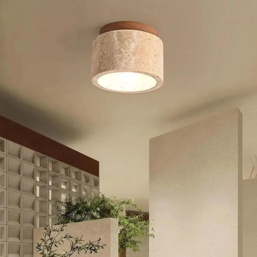 Flush Mount Ceiling Light Fixture with Travertine Stone Shade and Wooden Base LED - Image 4
