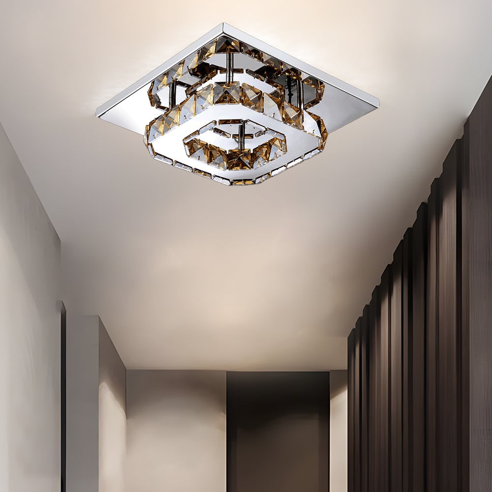 Flush Mount Ceiling Light with Crystal Rings and LED Square Low Profile Bedroom - Image 1