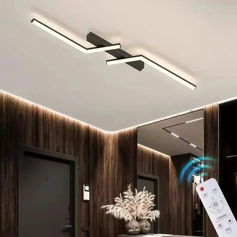 Flush Mount Linear Ceiling Light Fixture with Remote Control and Geometric Design - Image 1