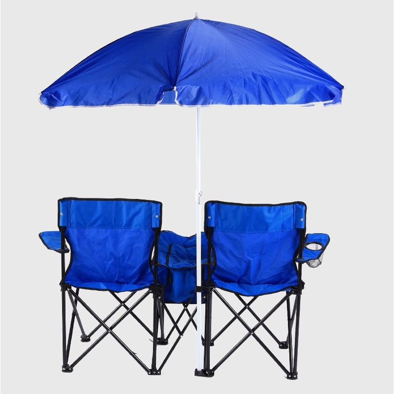 Foldable Double Camping Chair Lightweight Portable with Center Cooler and Umbrella - Image 1