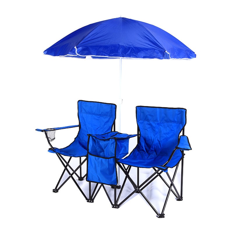 Foldable Double Camping Chair Lightweight Portable with Center Cooler and Umbrella - Image 2