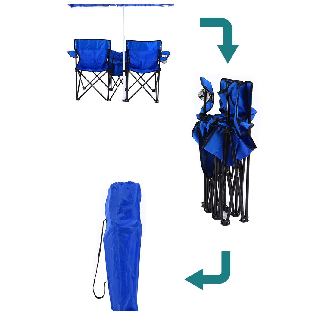 Foldable Double Camping Chair Lightweight Portable with Center Cooler and Umbrella - Image 6