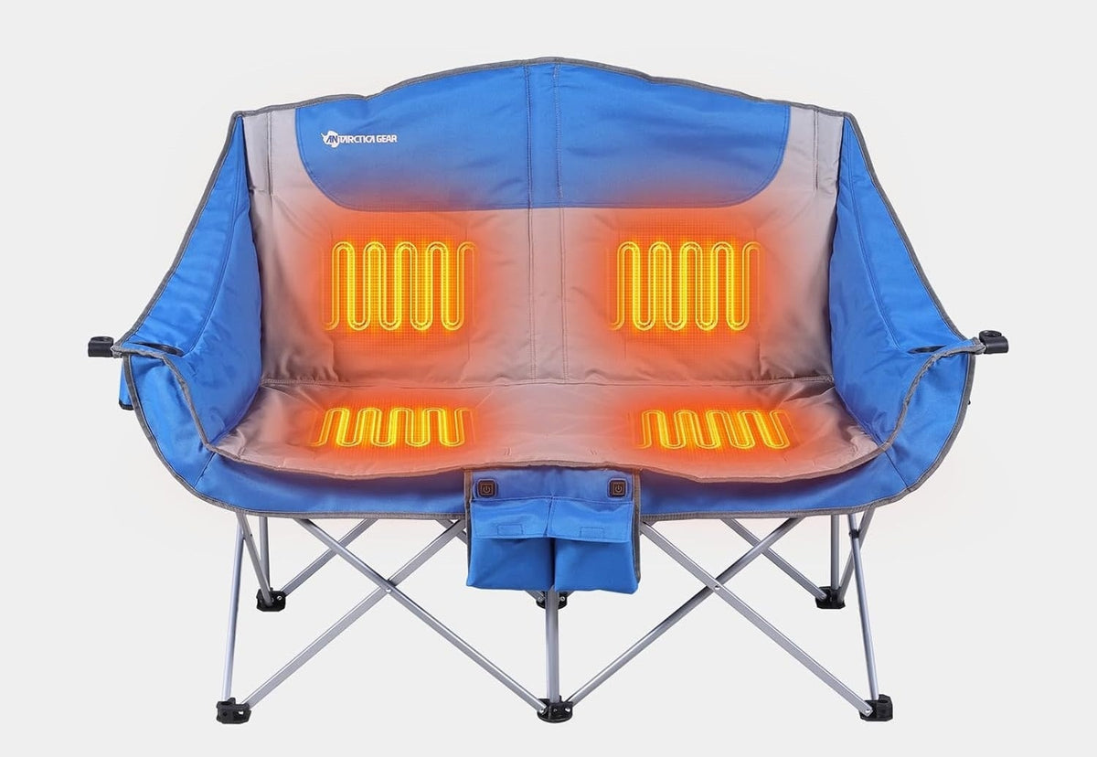 Foldable Double Collapsible Camping Chair with Heating Two-Person Portable Loveseat and Cup Holders - Image 1