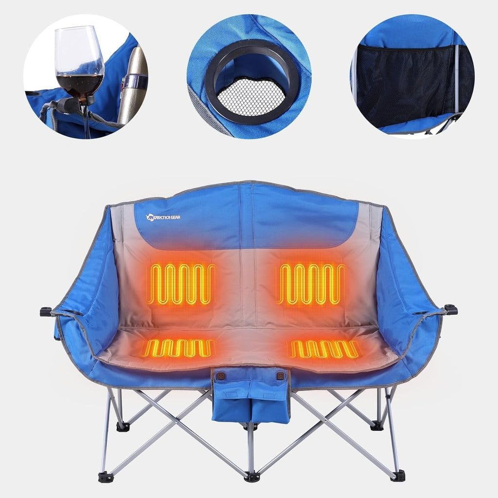 Foldable Double Collapsible Camping Chair with Heating Two-Person Portable Loveseat and Cup Holders - Image 2
