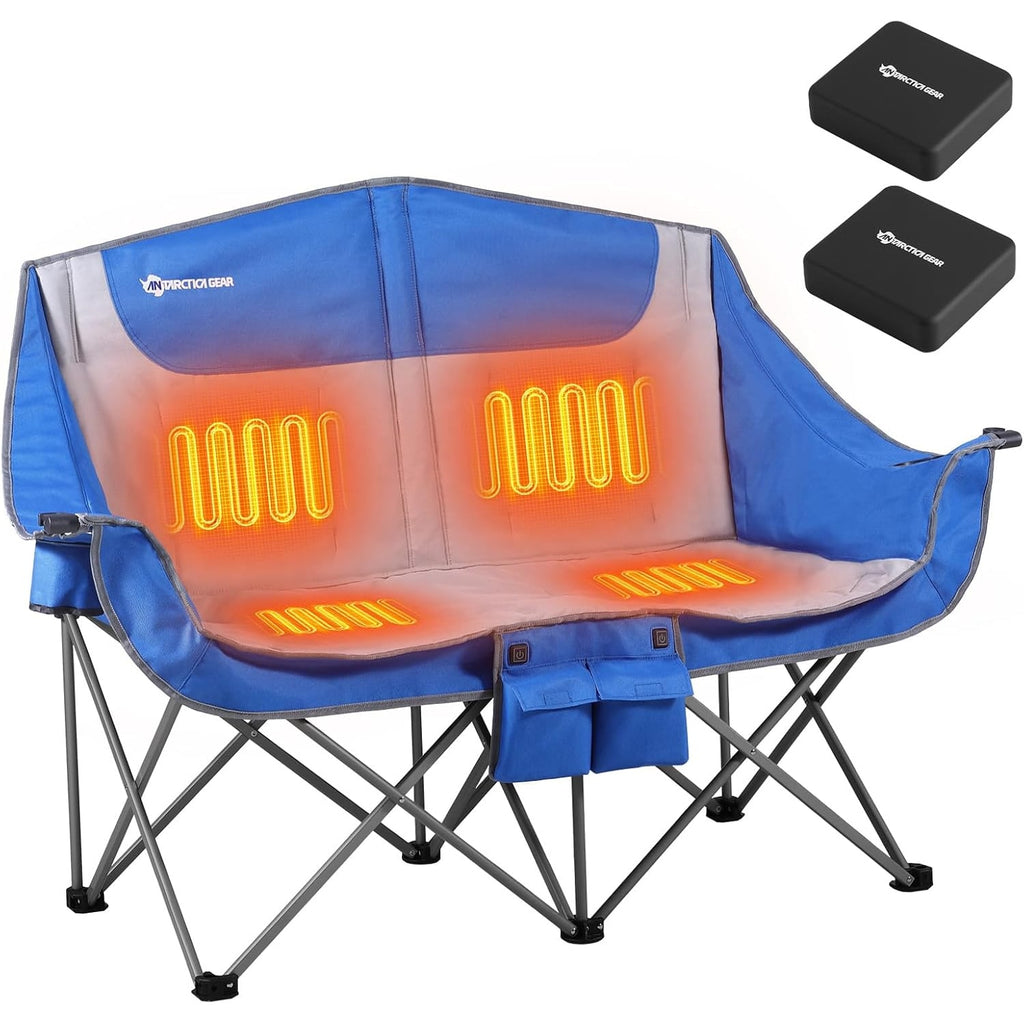 Foldable Double Collapsible Camping Chair with Heating Two-Person Portable Loveseat and Cup Holders - Image 3