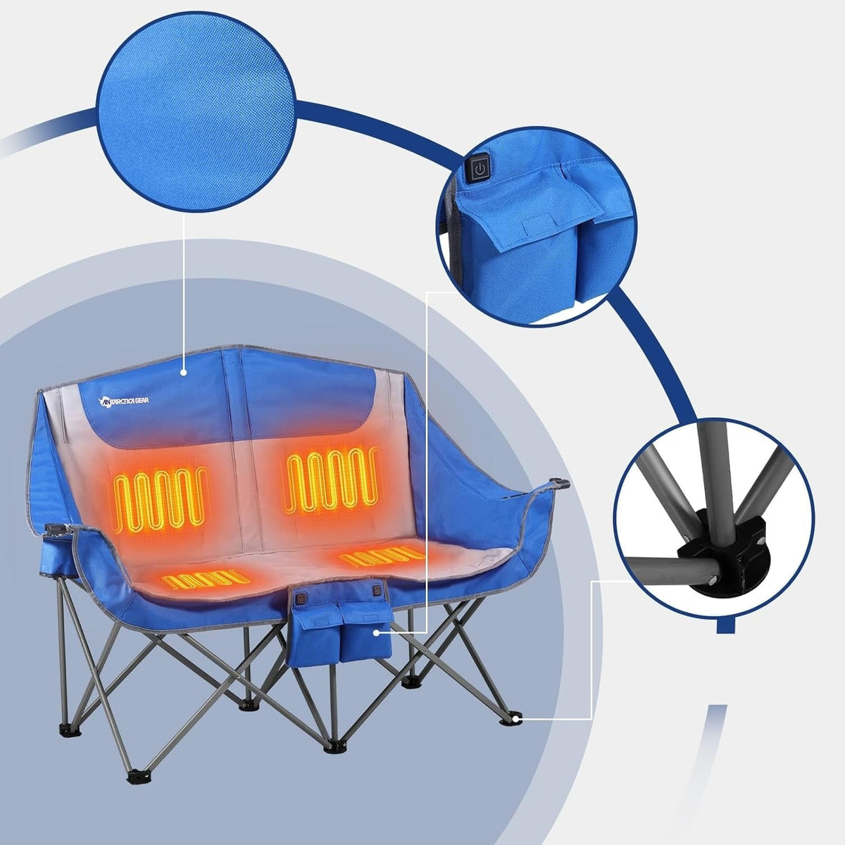 Foldable Double Collapsible Camping Chair with Heating Two-Person Portable Loveseat and Cup Holders - Image 4