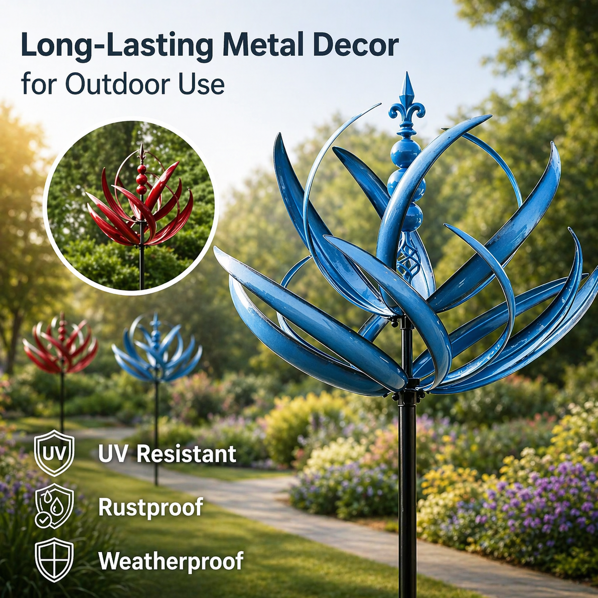 Garden Wind Spinners Metal Kinetic Lotus Flower Design with Dual Rotation - Image 6