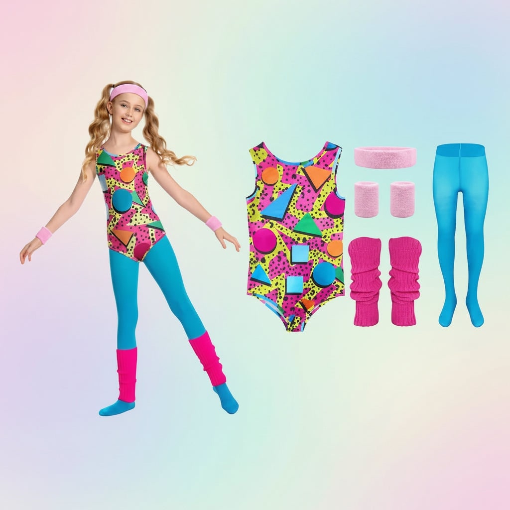 Girls' Halloween 80s Costume Party Outfit with Leotard Leg Warmers Headband and Aerobics Workout Wear Set - Image 1