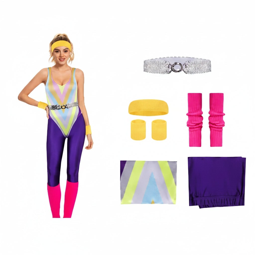 Girls' Halloween 80s Costume Party Outfit with Leotard Leg Warmers Headband and Aerobics Workout Wear Set - Image 2
