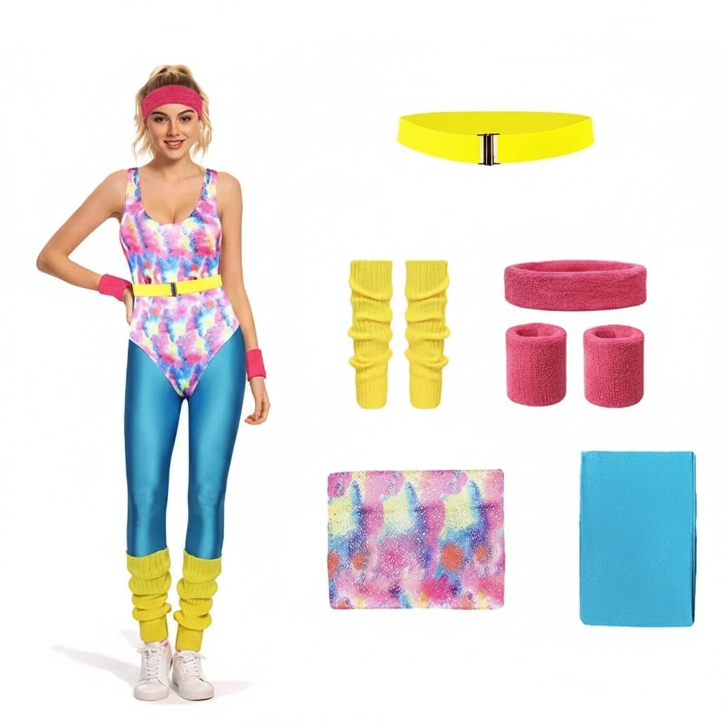 Girls' Halloween 80s Costume Party Outfit with Leotard Leg Warmers Headband and Aerobics Workout Wear Set - Image 3
