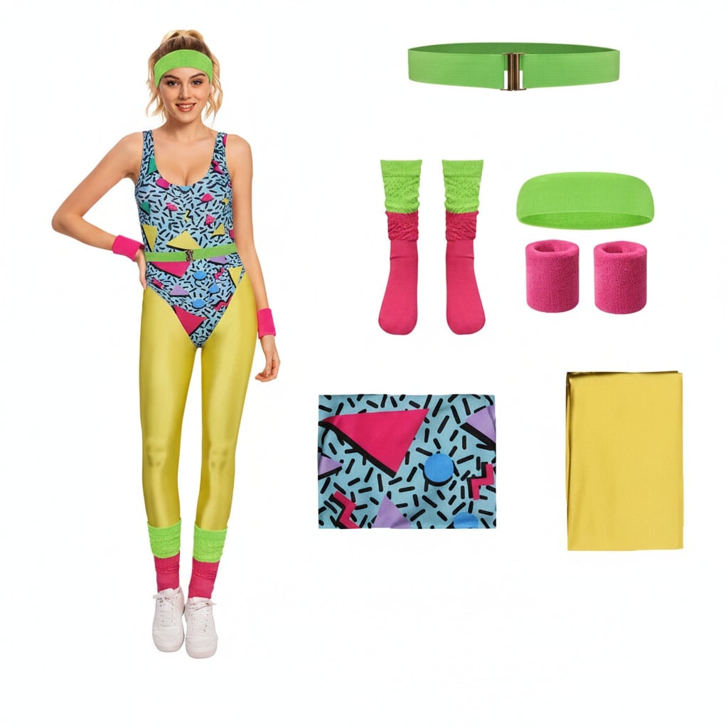 Girls' Halloween 80s Costume Party Outfit with Leotard Leg Warmers Headband and Aerobics Workout Wear Set - Image 4