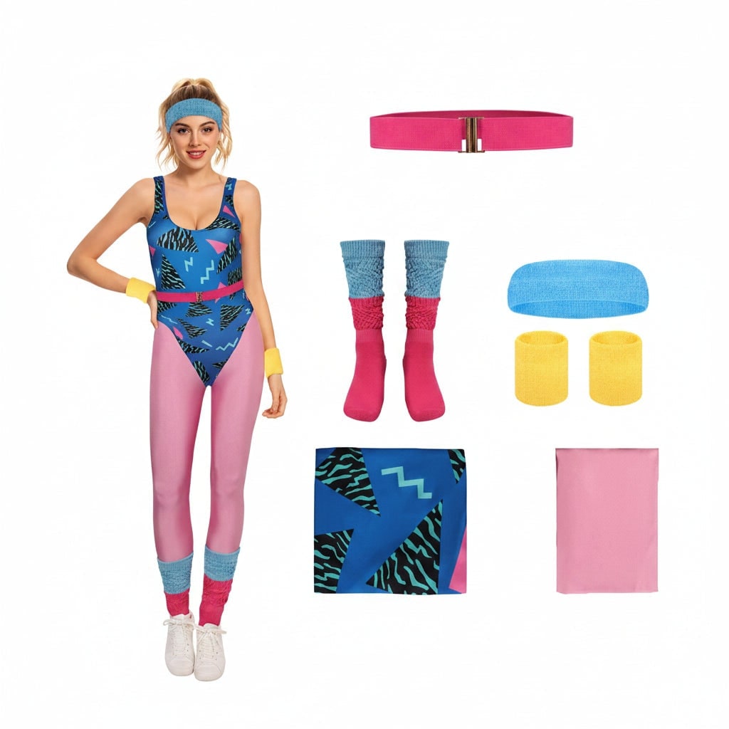 Girls' Halloween 80s Costume Party Outfit with Leotard Leg Warmers Headband and Aerobics Workout Wear Set - Image 5