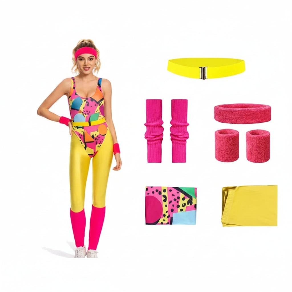 Girls' Halloween 80s Costume Party Outfit with Leotard Leg Warmers Headband and Aerobics Workout Wear Set - Image 6