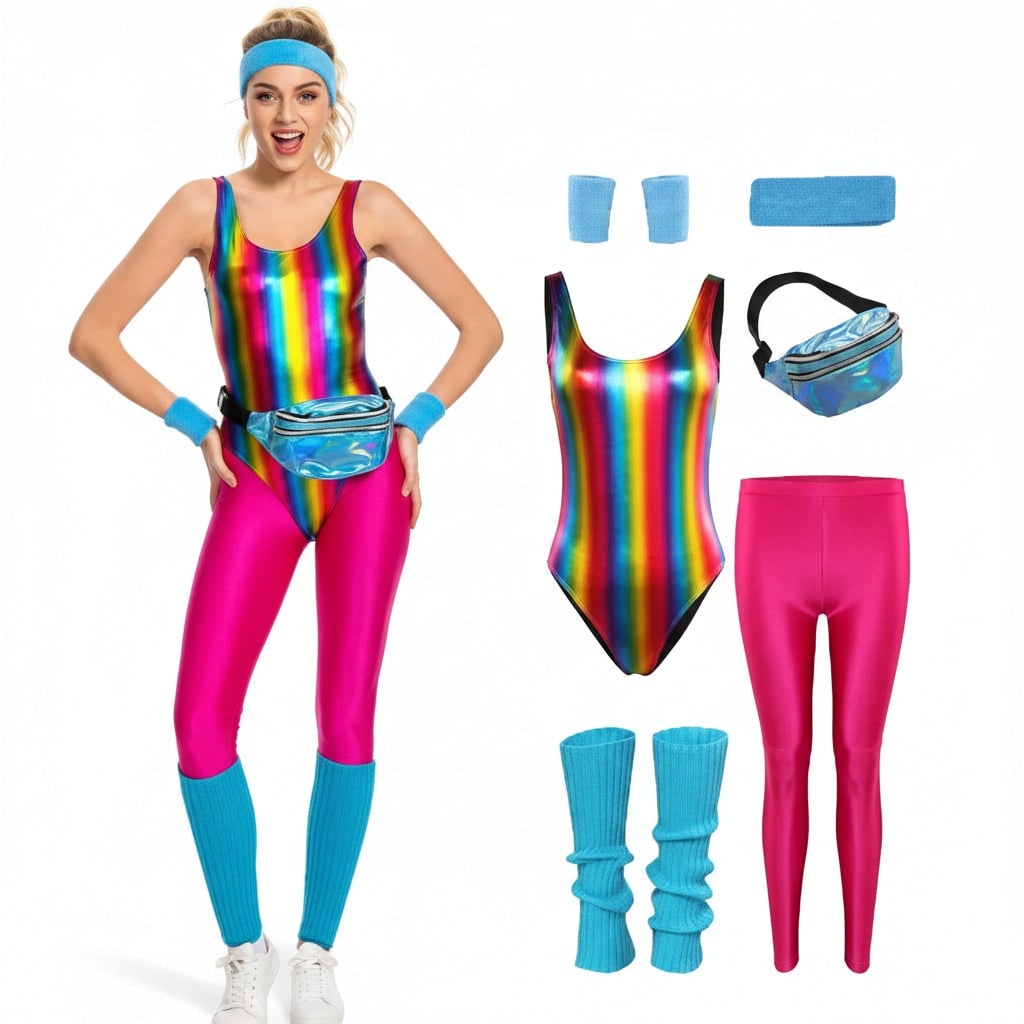 Girls' Halloween 80s Costume Party Outfit with Leotard Leg Warmers Headband and Aerobics Workout Wear Set - Image 7