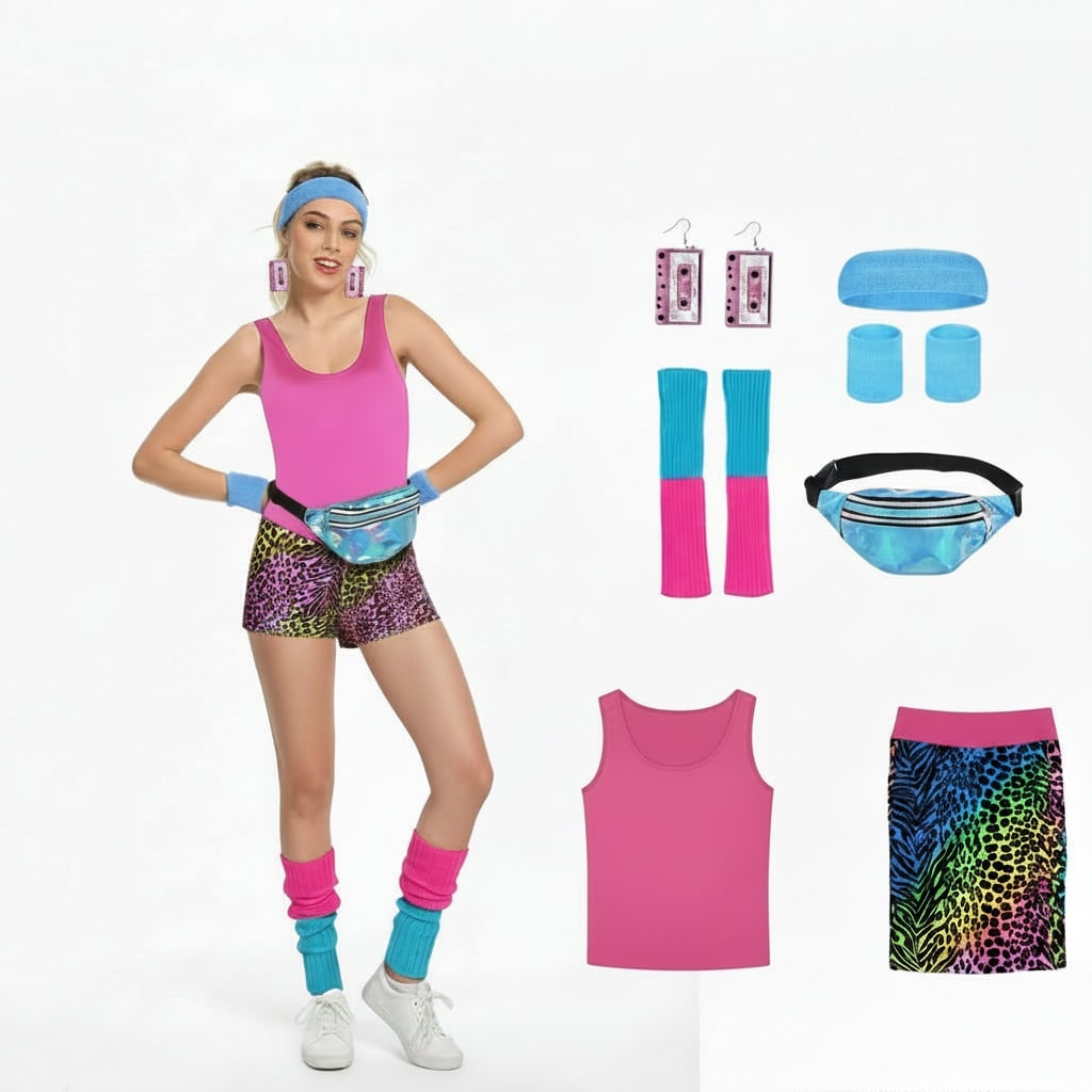 Girls' Halloween 80s Costume Party Outfit with Leotard Leg Warmers Headband and Aerobics Workout Wear Set - Image 8