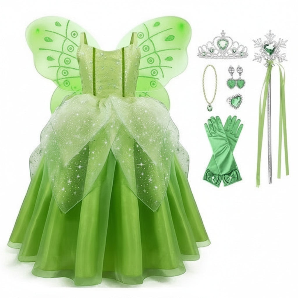 Girls' Halloween Fairy Costume Dress with Wings Tiara Wand and Accessories Complete Outfit Set - Image 5