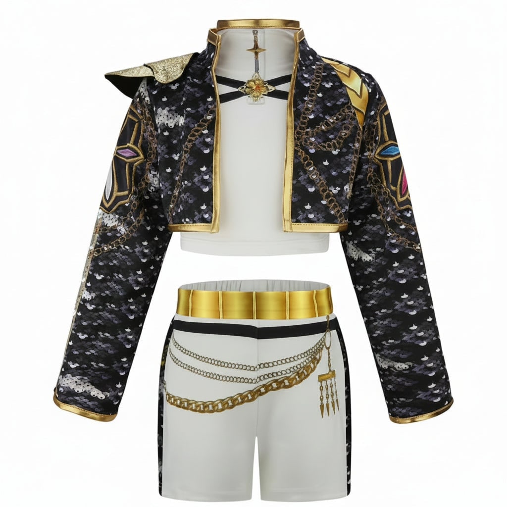 Girls' Halloween Gold Dance Costume with Sequined Jacket and Pleated Skirt Wear Solution - Image 4