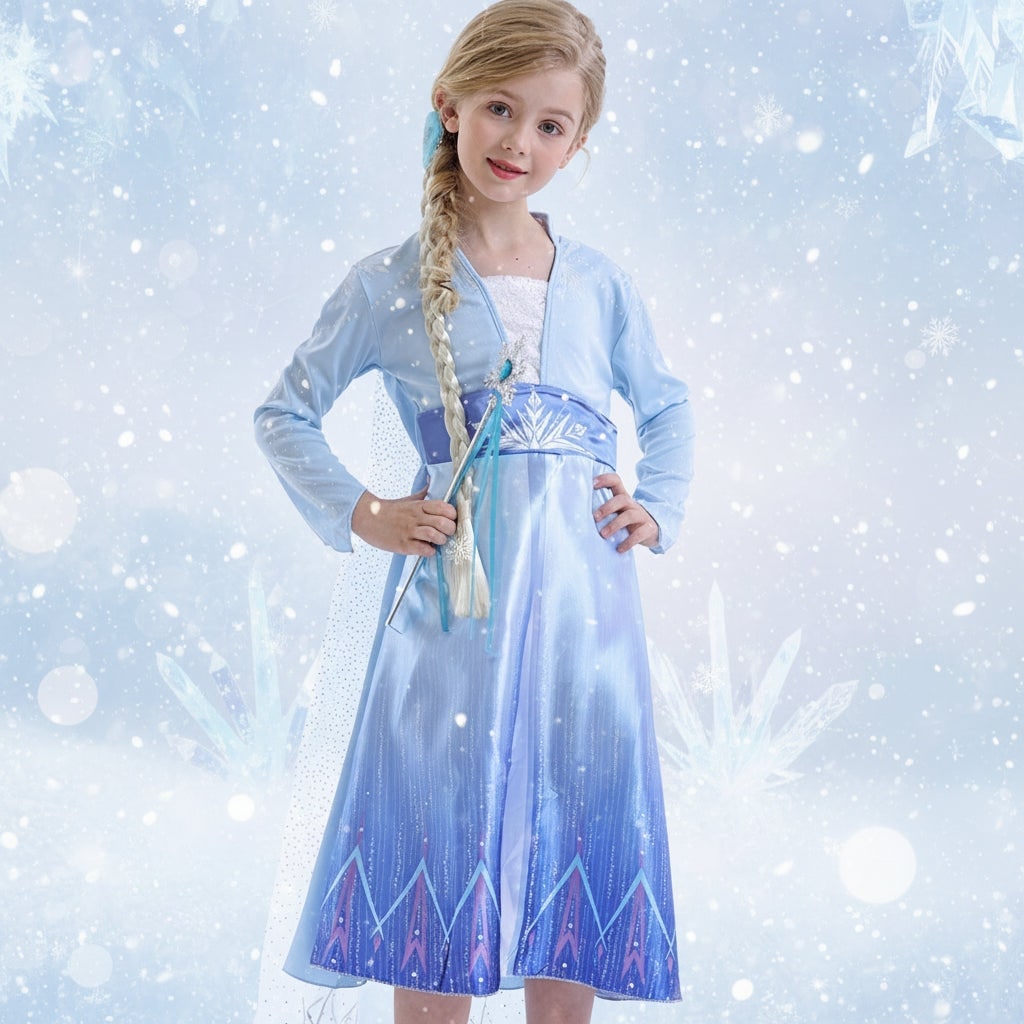 Girls' Halloween Ice Princess Costume Dress with Sheer Cape and Snowflake Details - Image 1