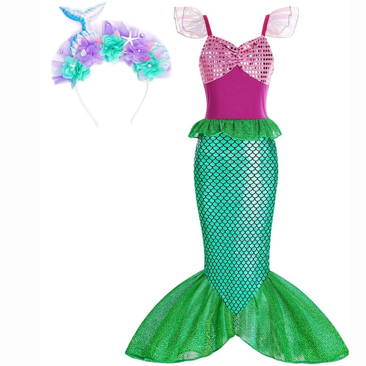 Girls' Halloween Mermaid Costume Dress-Up with Accessories and Tulle Fin for Party - Image 10
