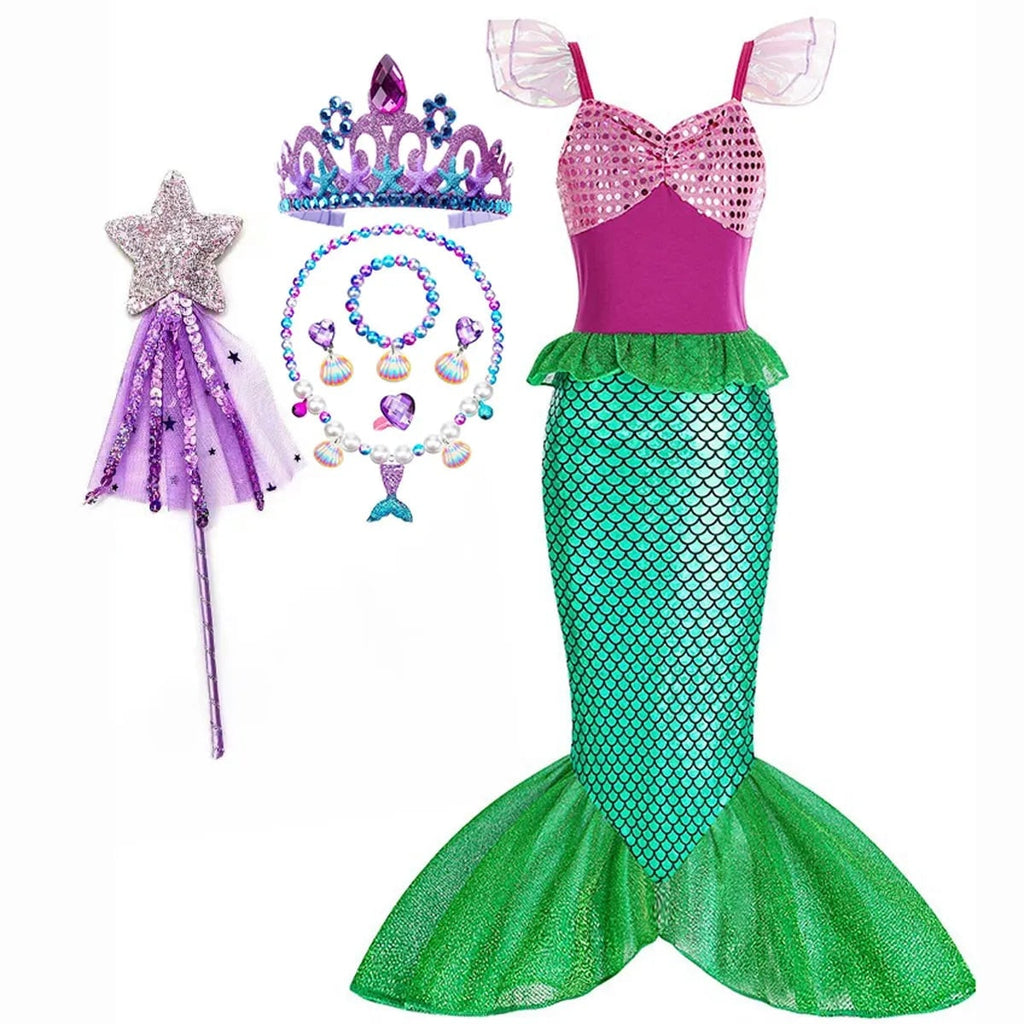 Girls' Halloween Mermaid Costume Dress-Up with Accessories and Tulle Fin for Party - Image 11