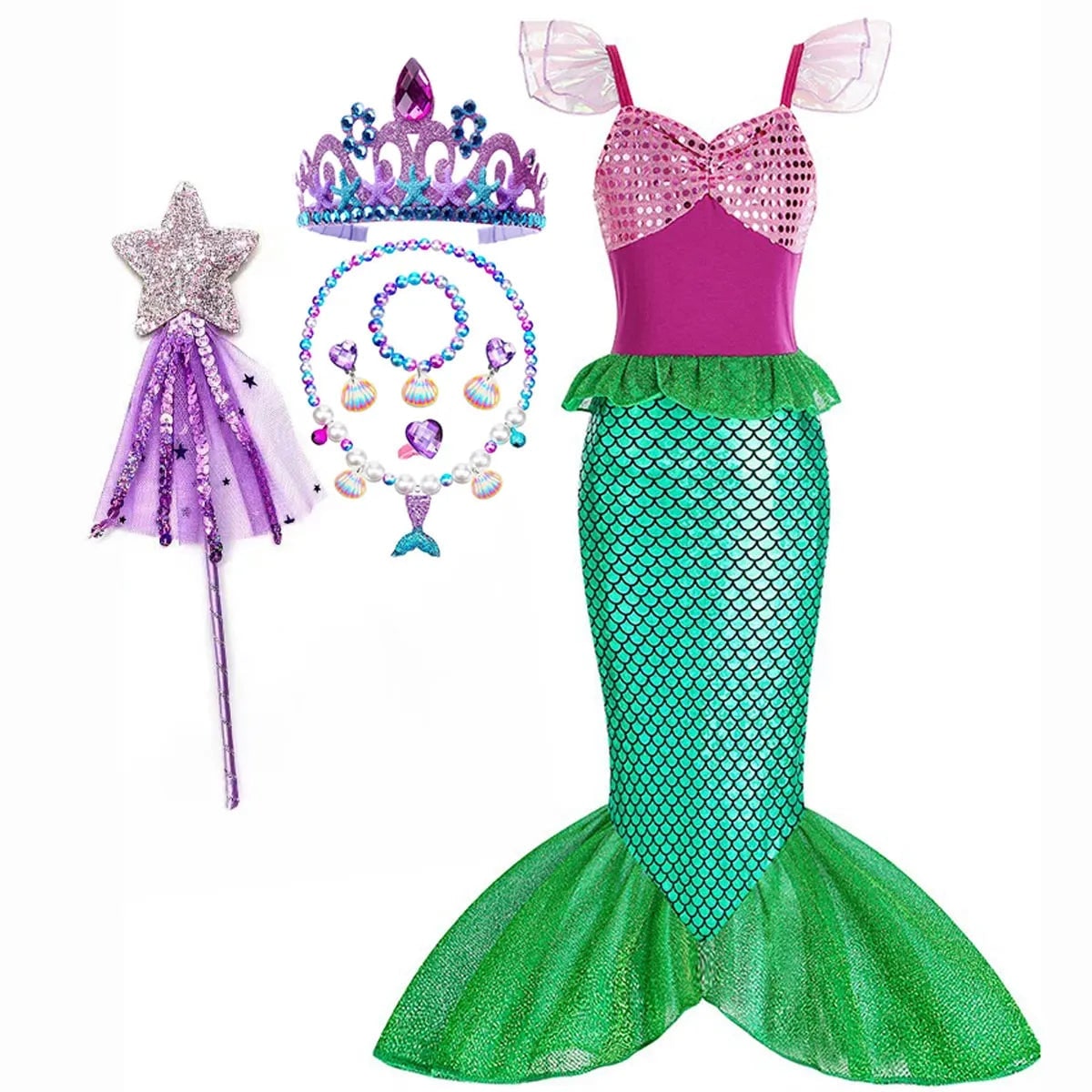 Girls' Halloween Mermaid Costume Dress-Up with Accessories and Tulle Fin for Party - Image 11