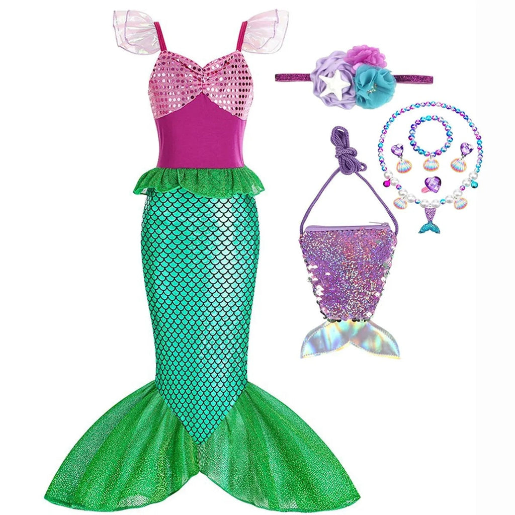 Girls' Halloween Mermaid Costume Dress-Up with Accessories and Tulle Fin for Party - Image 12