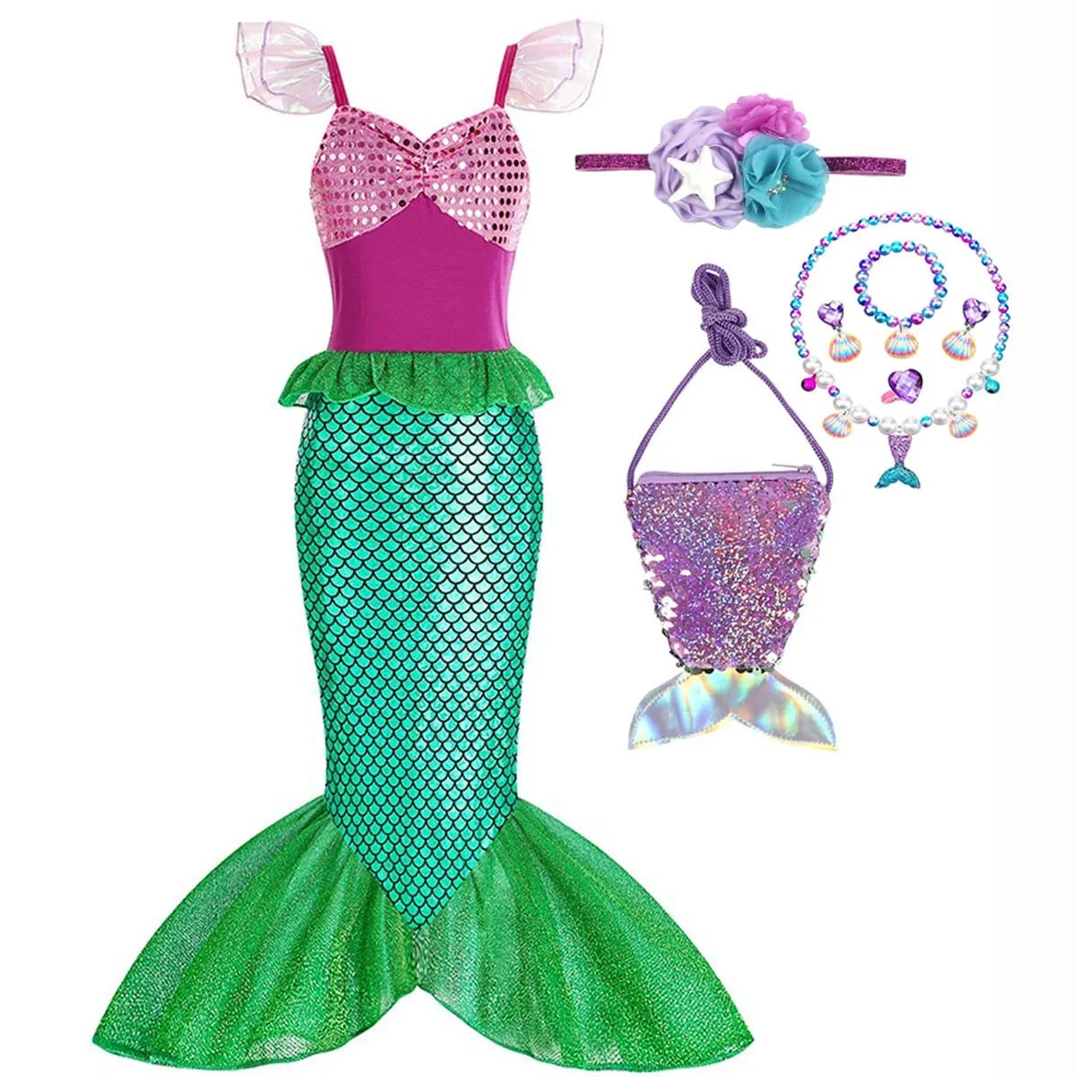 Girls' Halloween Mermaid Costume Dress-Up with Accessories and Tulle Fin for Party - Image 12