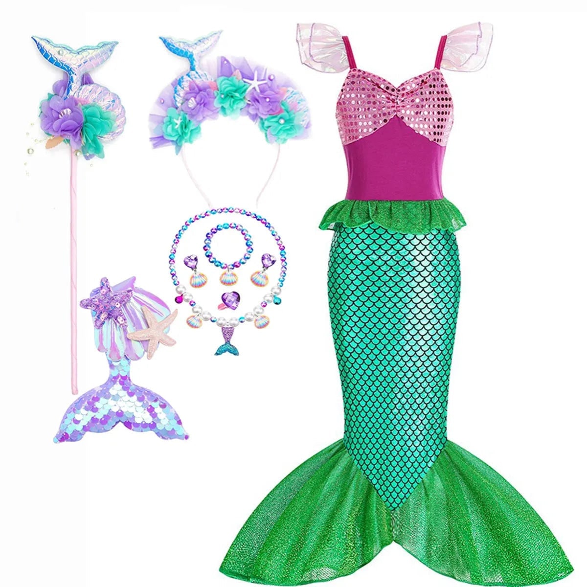 Girls' Halloween Mermaid Costume Dress-Up with Accessories and Tulle Fin for Party - Image 13