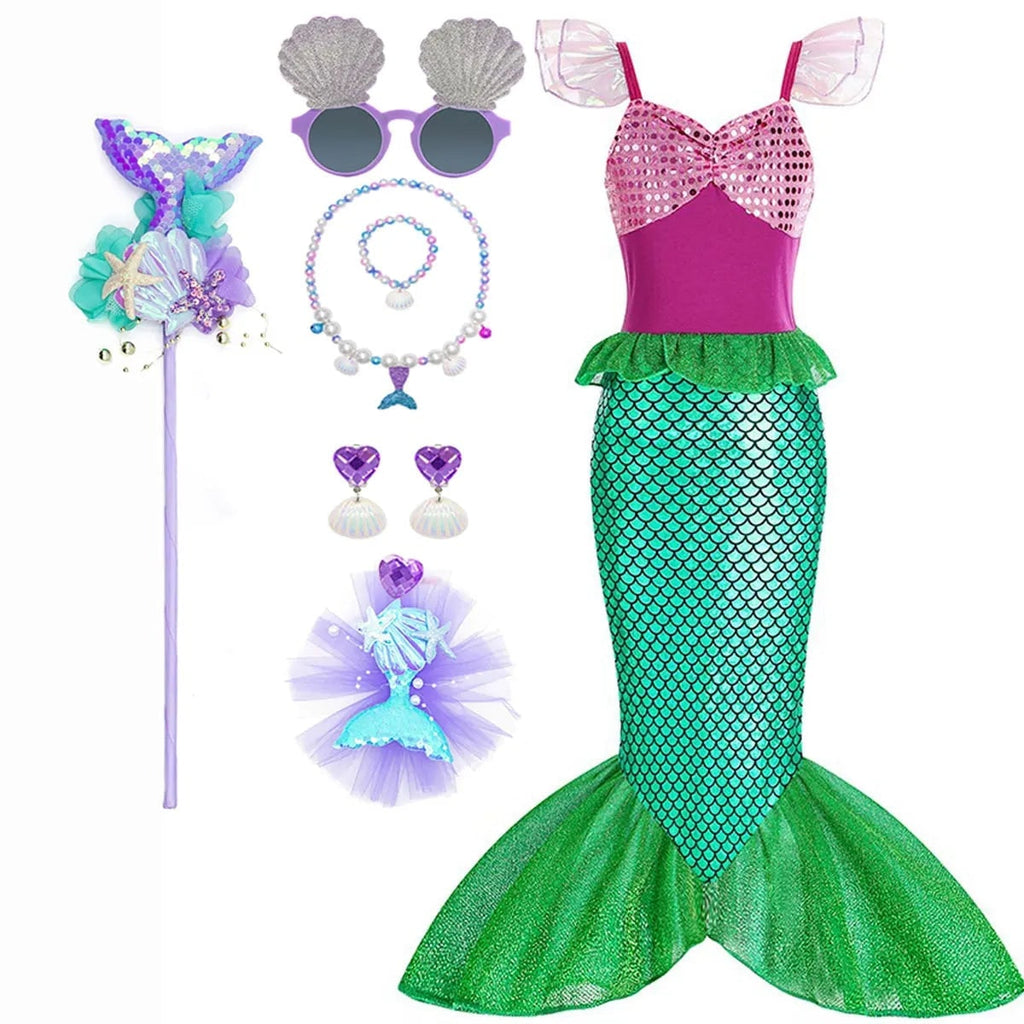 Girls' Halloween Mermaid Costume Dress-Up with Accessories and Tulle Fin for Party - Image 14