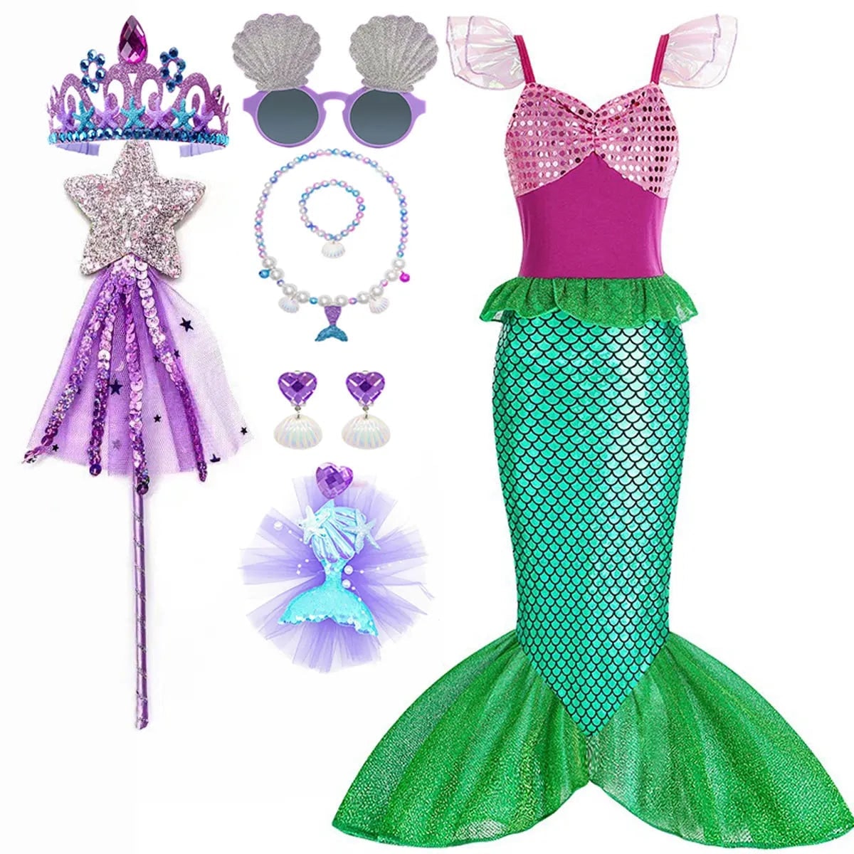 Girls' Halloween Mermaid Costume Dress-Up with Accessories and Tulle Fin for Party - Image 15