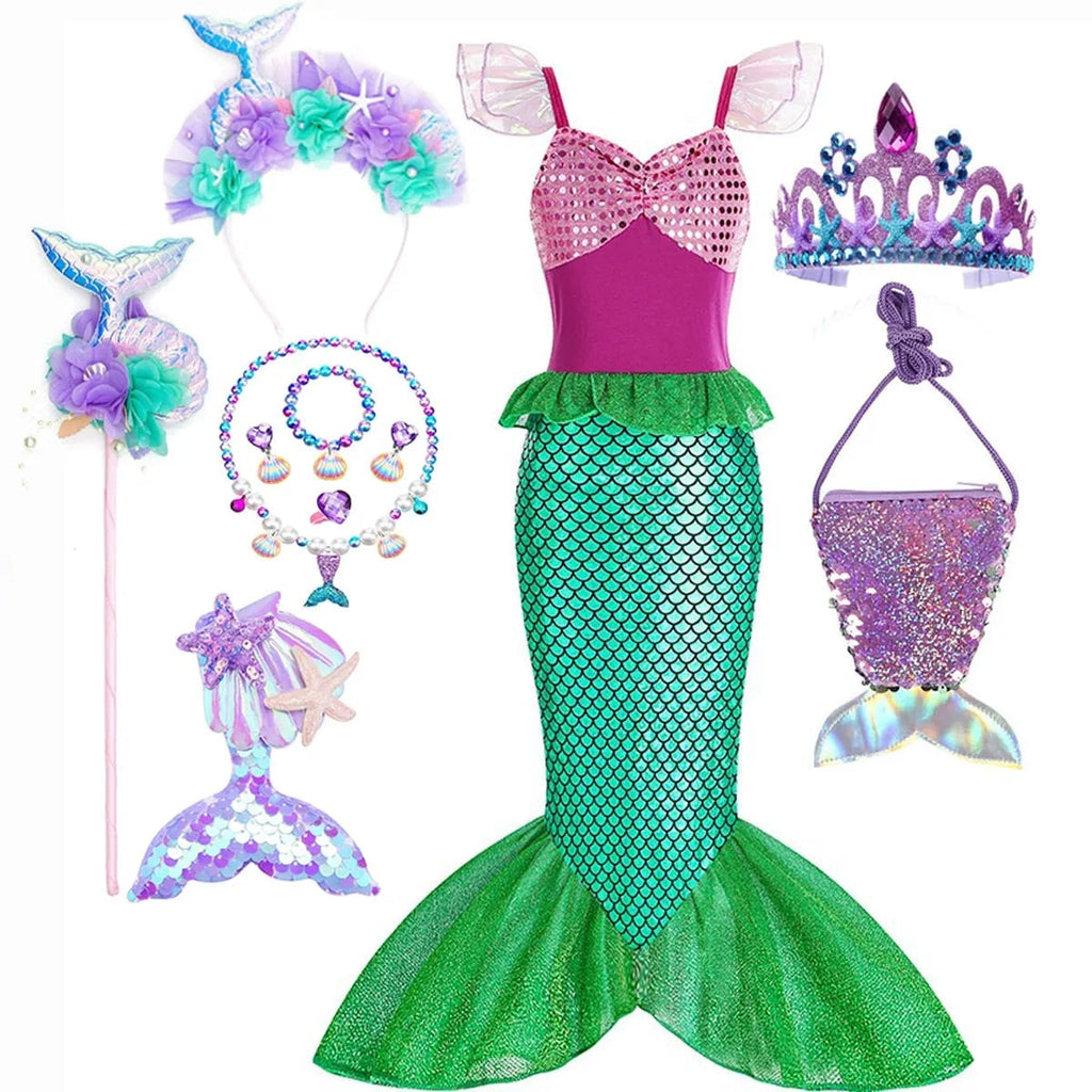Girls' Halloween Mermaid Costume Dress-Up with Accessories and Tulle Fin for Party - Image 16