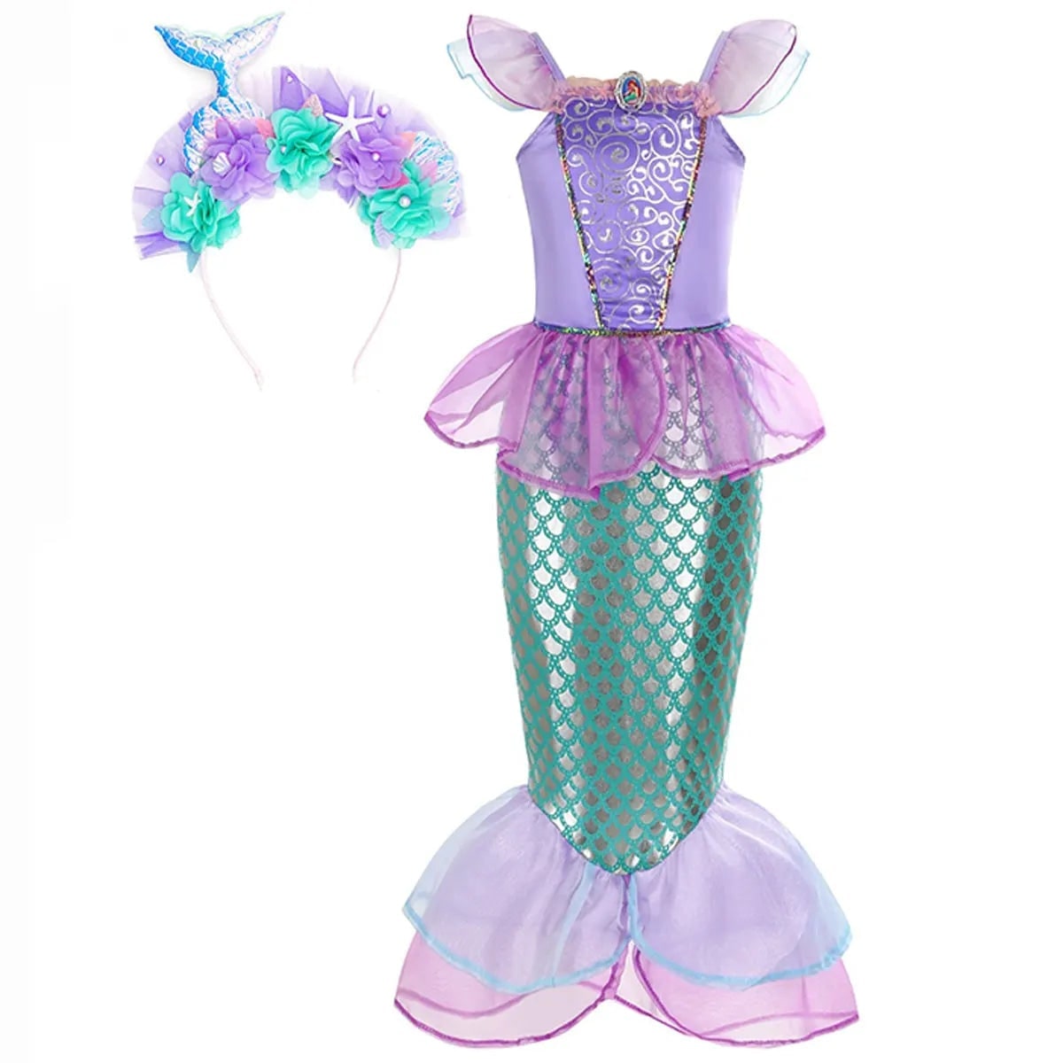 Girls' Halloween Mermaid Costume Dress-Up with Accessories and Tulle Fin for Party - Image 2