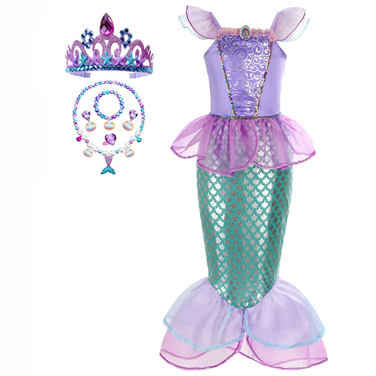 Girls' Halloween Mermaid Costume Dress-Up with Accessories and Tulle Fin for Party - Image 3