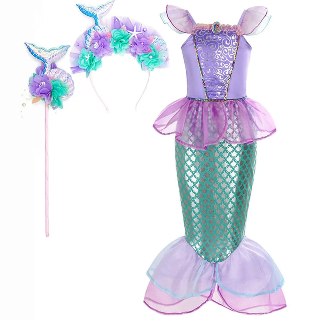 Girls' Halloween Mermaid Costume Dress-Up with Accessories and Tulle Fin for Party - Image 4