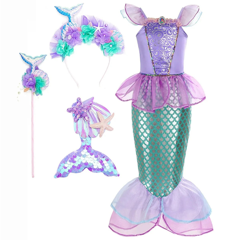 Girls' Halloween Mermaid Costume Dress-Up with Accessories and Tulle Fin for Party - Image 5
