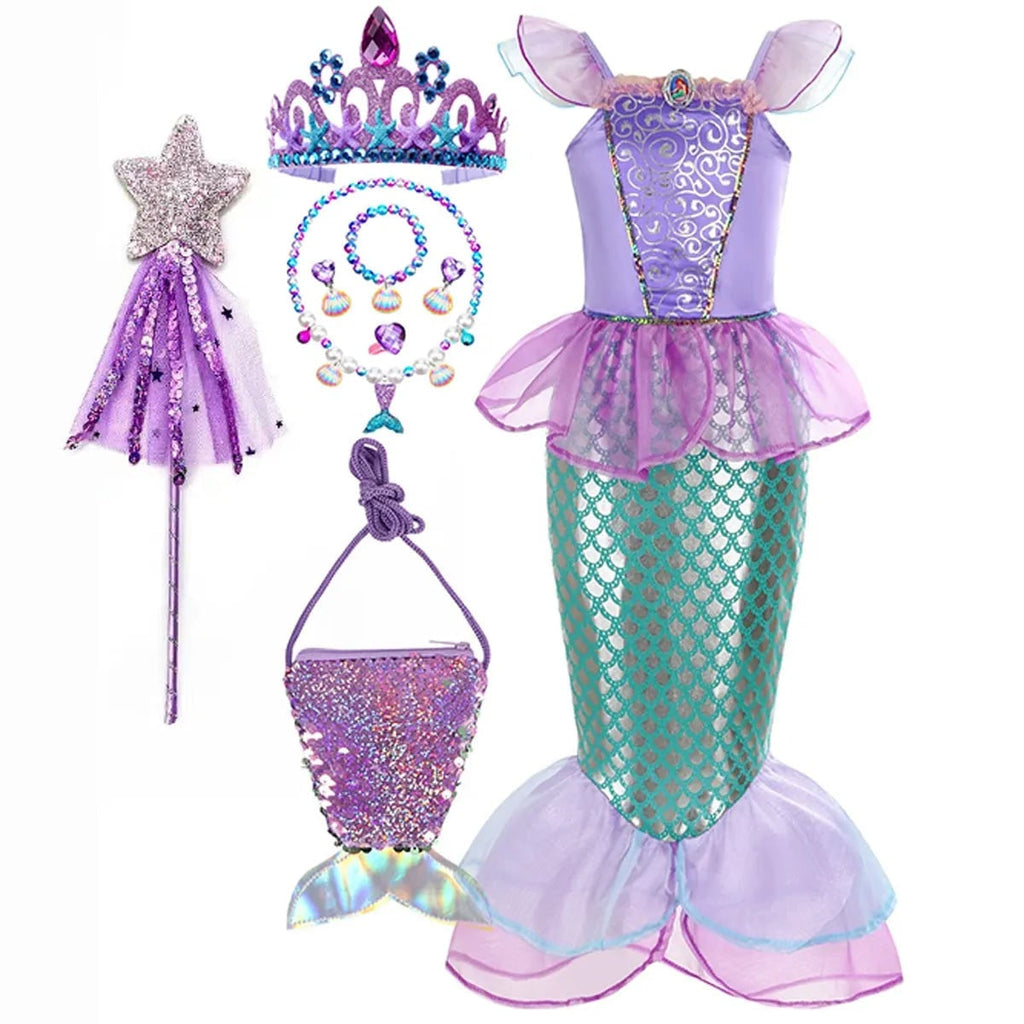 Girls' Halloween Mermaid Costume Dress-Up with Accessories and Tulle Fin for Party - Image 6