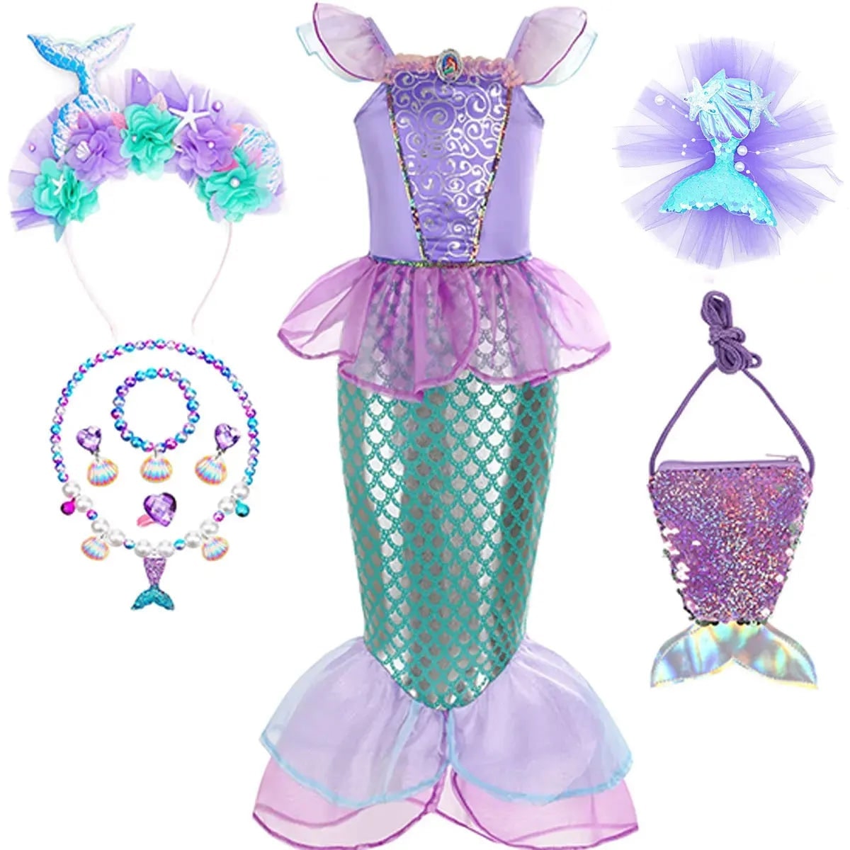Girls' Halloween Mermaid Costume Dress-Up with Accessories and Tulle Fin for Party - Image 7
